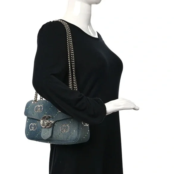 Gucci Denim Crystal Applique Small GG Marmont Shoulder Bag Blue - Picture 2 of 7